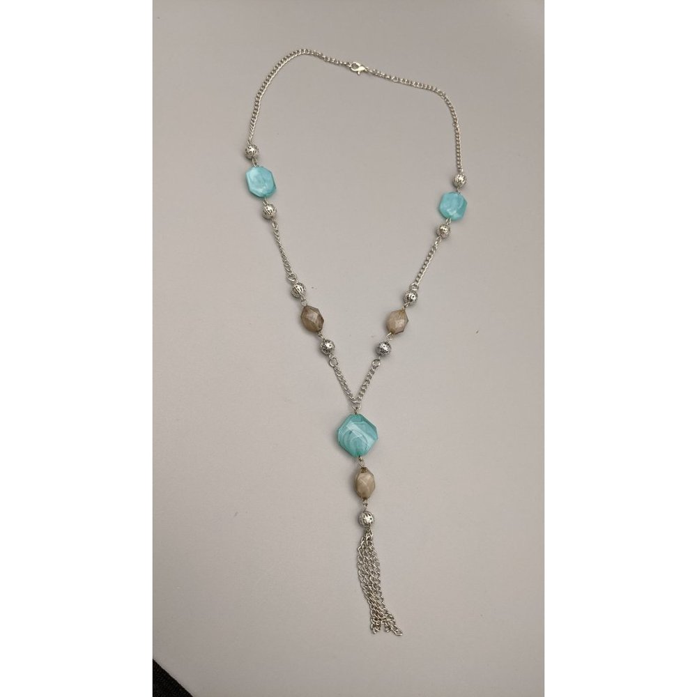Women's Silver Tone Necklace Blue & Taupe Beads Tassel 22"